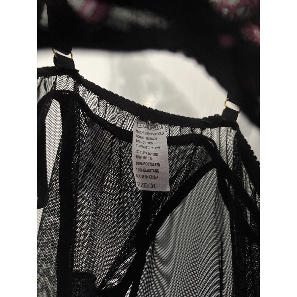 NWT Black Pink Lace Sheer Babydoll Lingerie Thong Set Nightgown Medium Spree - Picture 6 of 10
